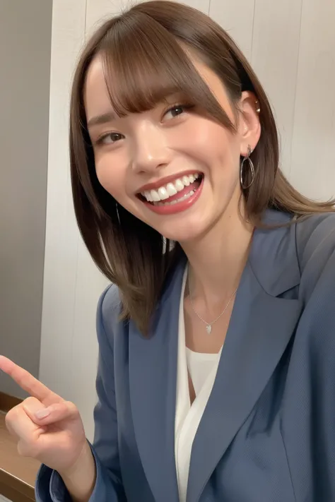 A neat and clean young woman、office lady suit、jacket、shirt、necklace、and look at the camera、 smile showing teeth、ear piercing、 、hairstyle shortcuts、upper body、Background is in a room