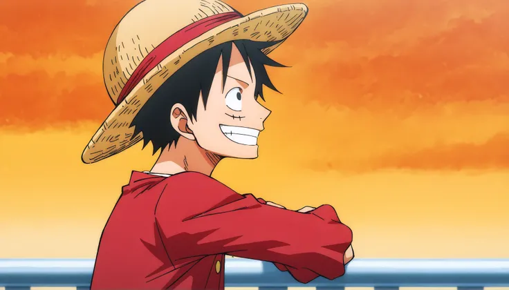 Luffy, half body, from side, smiling, head tilting up, long-sleeve red shirt, straw hat back of neck, arm on Sunny-go railing vast blue ocen in the distance, masterpiece, best quality,