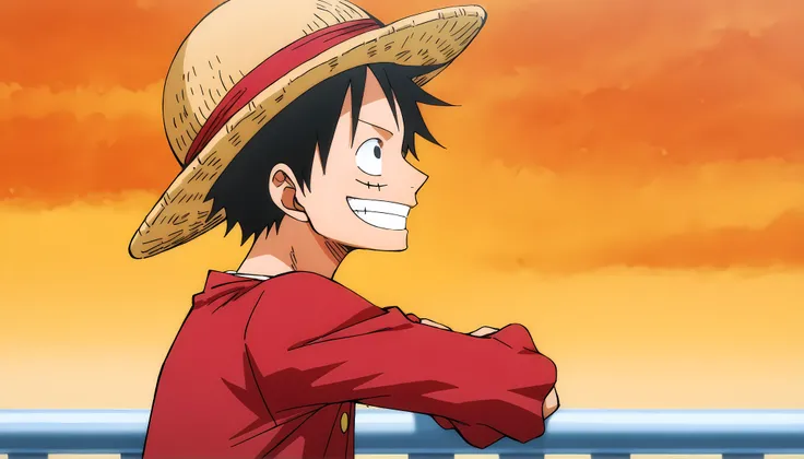 Luffy, half body, from side, smiling, head tilting up, long-sleeve red shirt, straw hat back of neck, arm on Sunny-go railing vast blue ocen in the distance, masterpiece, best quality,