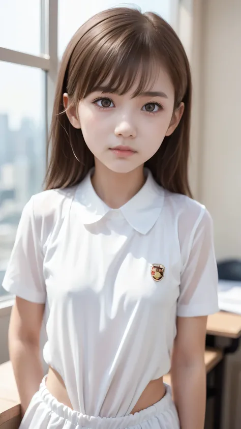 female middle school student、wonderful hairstyle、 Hair、shirt、Tops、 beautiful symmetrical eyes 、beautiful small face、High nose、Beautifully shaped lips 、Moisturizing Lips、slender body line、((tight waist))、((Misaka Mikoto))、Highest Quality、8K、 RAW photos 、rea...