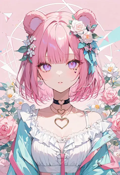 ,beautiful flower々),mole under eye, heart shaped choker, (masterpiece, highest quality), official art, beautiful and aesthetic: 1.2), (1 girl), very detailed, (geometry art: 1.3), colorful、pink bob hair、bear ears、 whole body
