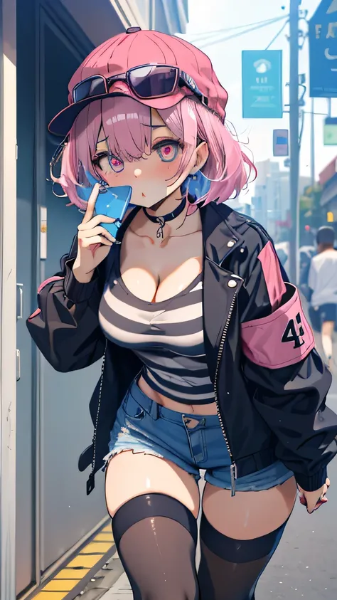 1girl absurdres baseball_cap beanie black_choker black_hat black_jacket black_nails blowing_bubbles breasts cellphone chewing_gum choker cleavage denim denim_shorts eyewear_on_head eyewear_on_headwear fingernails hair_between_eyes hair_over_one_eye hat hea...