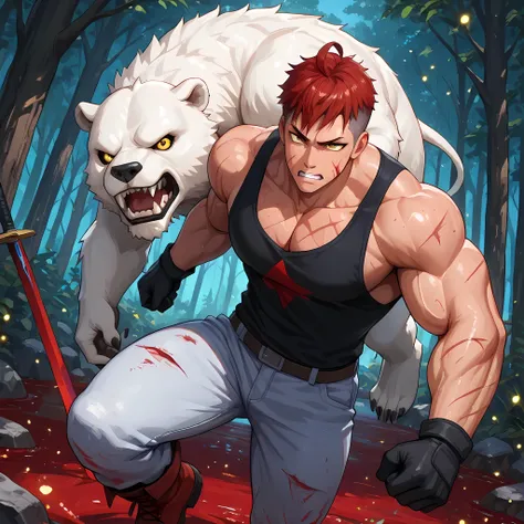 ((bloody scene, violent battle, details of sword impact, blood gushing in the scene)), ((body parts being cut off by sword attack, fighting a white bear enemy, epic battle, epic scenery, ultra detailed)), ((best image quality, best scenery, epic scene, bet...
