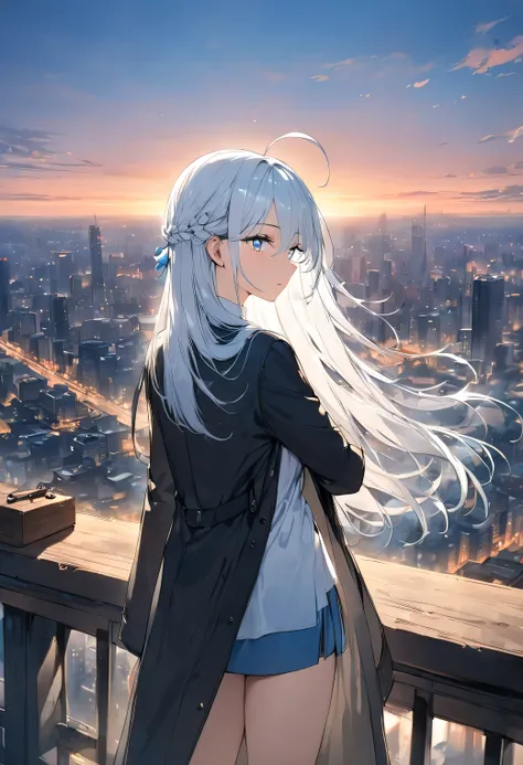 Resolution full, very accurate, best quality, masterpiece, cinematic lighting, full HD, very sharpener, best art, very accurate, city background, 1girl, solo, cute girl, beautiful and cute girl, white hair, long hair, braid hair, bangs hair, ahoge hair, st...
