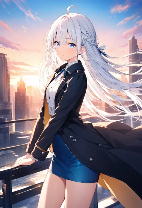 Resolution full, very accurate, best quality, masterpiece, cinematic lighting, full HD, very sharpener, best art, very accurate, city background, 1girl, solo, cute girl, beautiful and cute girl, white hair, long hair, braid hair, bangs hair, ahoge hair, st...