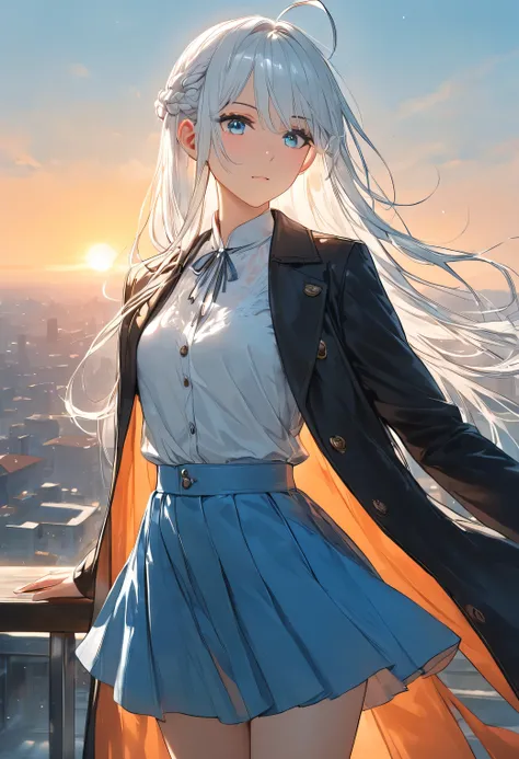 Resolution full, very accurate, best quality, masterpiece, cinematic lighting, full HD, very sharpener, best art, very accurate, city background, 1girl, solo, cute girl, beautiful and cute girl, white hair, long hair, braid hair, bangs hair, ahoge hair, st...