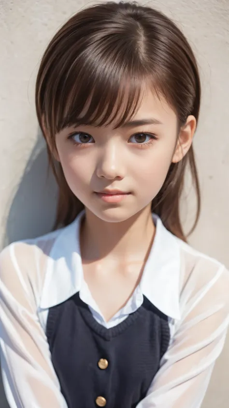 female middle school student、wonderful hairstyle、 Hair、transparent shirt、ribbon、 beautiful symmetrical eyes 、beautiful small face、High nose、Beautifully shaped lips 、Moisturizing Lips、slender body line、(tight waist)、((Misaka Mikoto))、Highest Quality、8K、 RAW...