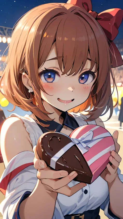 box candy chocolate chocolate_bar chocolate_heart food food_on_body gift gift_box happy_valentine heart heart-shaped_box heart-shaped_food highres holding holding_gift incoming_gift mixing_bowl sports_festival star_sticker toomishou