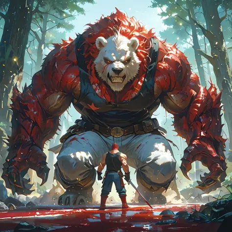 ((bloody scene, violent battle, details of sword impact, blood gushing in the scene, man facing enemy head on, defiant look)), ((body parts being cut off by sword attack, fighting a white bear enemy, epic battle, epic scenery, ultra detailed)), ((best imag...