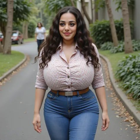 woman having heavy chest, tight thighs, full legs visible, jeans pant, shirt buttons open, huge thighs, walking in the park