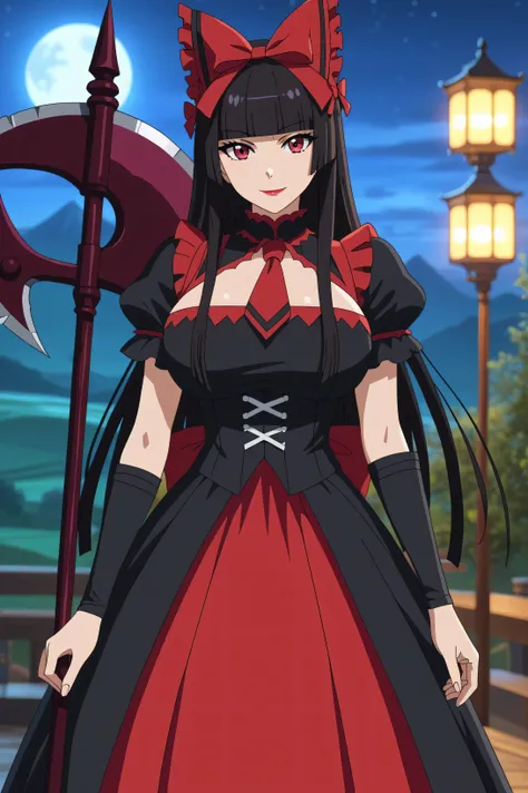 score_7_up, anime screencap,
 RoryMercury,
1girl, adult female, closed mouth, light smile,
long hair, black hair, red eyes, hime cut, blunt bangs, lipstick, hair bow,
over shoulder, huge breasts, axe, halberd,
multicolored dress, black dress, red dress, pu...