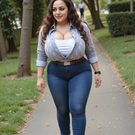 woman having heavy chest, tight thighs, full legs visible, jeans pant, shirt buttons open, huge thighs, walking in the park