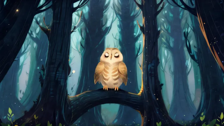 A small thoughtful owl sitting alone on a tall tree branch in a quiet, magical forest at night. Stars twinkling in the sky. Picture book illustration style, soft pastel colors, warm lighting.

