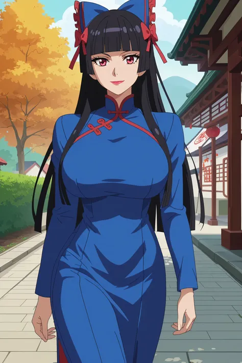 score_7_up, anime screencap,
 RoryMercury,
1girl, adult female, closed mouth, light smile,
long hair, black hair, red eyes, hime cut, blunt bangs, lipstick, hair bow,
over shoulder, huge breasts, vietnamese dress, pants, long sleeves, 
solo, cowboy shot, B...