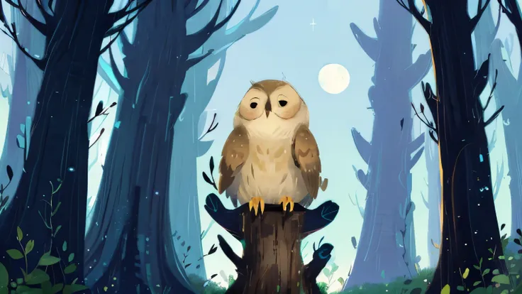 A small thoughtful owl sitting alone on a tall tree branch in a quiet, magical forest at night. Stars twinkling in the sky. Picture book illustration style, soft pastel colors, warm lighting.
