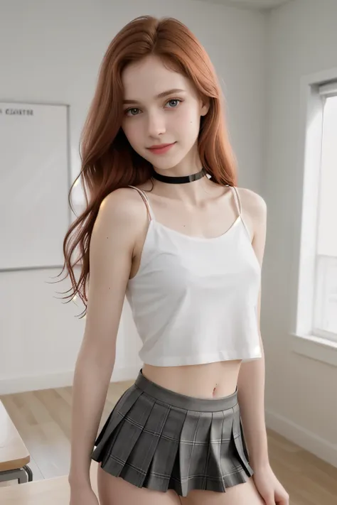 RAW photo,( skinny redhead girl:1.2), age13, wearing a sheer school shirt and pleated skirt, in a classroom, (best quality, high quality), hyperdetailed, highres, high detail, intricate detail, HDR, 8k, sharp focus, detailed background, perfect hands, r...