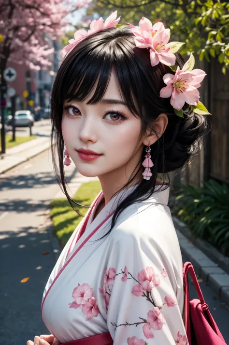 beautiful black hair ,Aligned bangs,Bright red lips,Pink Eyes,white skin, beautiful white and pink kimono on fallen leaves,pastel colors,smile,Ultra HD,super quality,masterpiece,dslr,photorealistic, Detailed Details,Vivid details,depicted in detail,Detail...