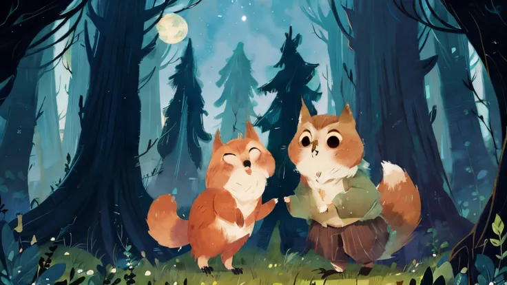 A cute owl and a curious fox cub meeting under the moonlight in a forest clearing, stars above, friendly atmosphere. Picture book style, watercolor texture, gentle shading.
