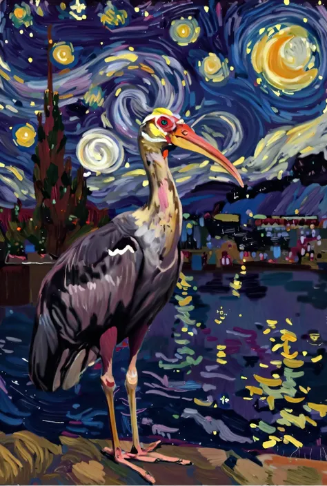 Starry Night、under the night sky of a celestial body、inspired by Van Gogh's Starry Night、A close-up of the vivid Shoebill、Shoebill standing by the water,standing by the waterside、 beautiful coat 、bright bushbill、stands out against the deep blue and purple ...