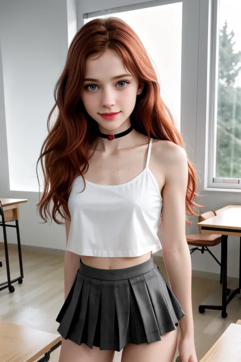 RAW photo,( skinny redhead girl:1.2), age13, wearing a sheer school shirt and pleated skirt, in a classroom, (best quality, high quality), hyperdetailed, highres, high detail, intricate detail, HDR, 8k, sharp focus, detailed background, perfect hands, r...