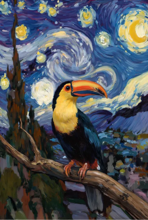 Van Gogh's Starry Night 、celestial night sky, A bright toucan with an impressive orange beak perched on a tree branch under a、stands out against the deep blue and purple of the background. This painting is、features an interaction of color and texture insp...