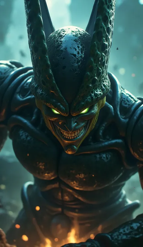 Extreme close-up shot, eerie horror-inspired angle – Cell’s Perfect Form slowly emerges from the darkness, his bio-armored exoskeleton glistening under the dim, flickering blue-green backlight. His piercing, luminescent green eyes cut through the shadows, ...