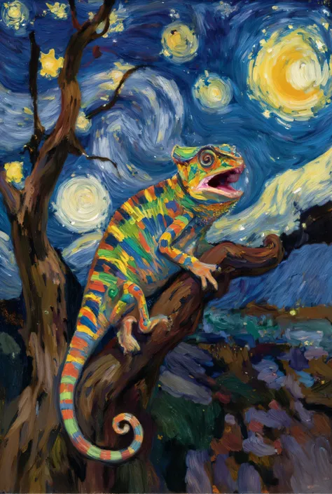 Van Gogh's Starry Night 、天体の夜空の下の木の枝に鮮やかなchameleon, Looks like they're laughing with their mouths open、chameleon、stands out against the deep blue and purple of the background. This painting is、features an interaction of color and texture inspired by Van G...