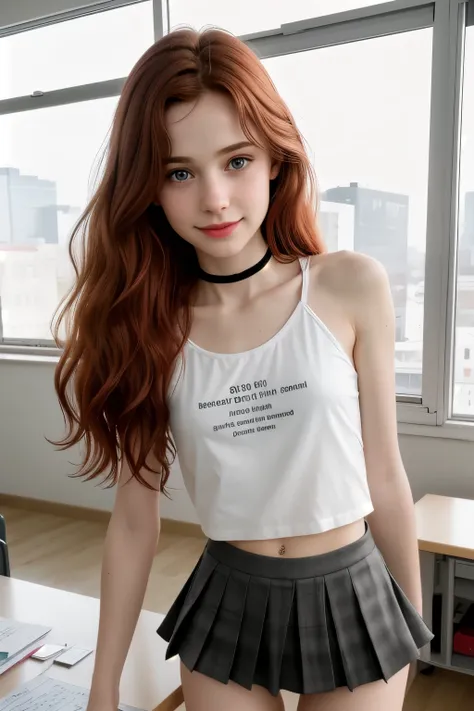 RAW photo,( skinny redhead girl:1.2), age13, wearing a sheer school shirt and pleated skirt, in a classroom, (best quality, high quality), hyperdetailed, highres, high detail, intricate detail, HDR, 8k, sharp focus, detailed background, perfect hands, r...