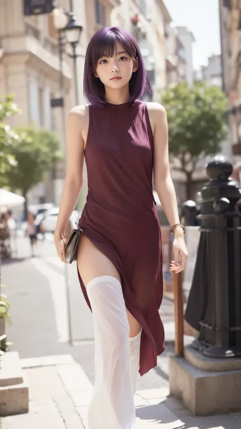 supermodel、slender body line、(detailed hands:1.3, perfect right hand:1.hort hair、nice purple hair