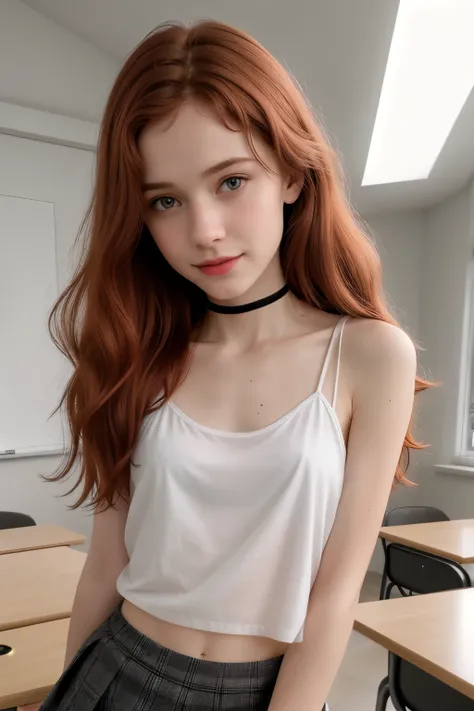 RAW photo,( skinny redhead girl:1.2), age13, wearing a sheer school shirt and pleated skirt, in a classroom, (best quality, high quality), hyperdetailed, highres, high detail, intricate detail, HDR, 8k, sharp focus, detailed background, perfect hands, r...