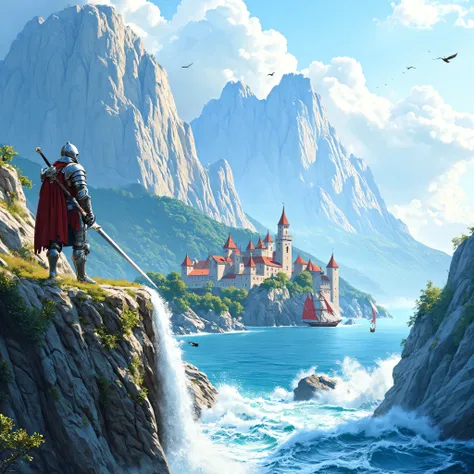 Draw nature image as mural art with high resolution and 8k... oil painting as realisA majestic fantasy landscape with a powerful medieval knight standing proudly on a rocky cliff, overlooking a vast blue bay. The knight wears full steel armor with leather ...