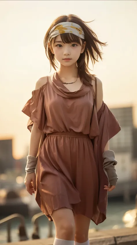 Petite beautiful girl、slender body line、tight waist、beautiful breasts、(detailed hands:1.3, perfect right hand:1.hort hair、nice brown hair、bandana、high knee socks、