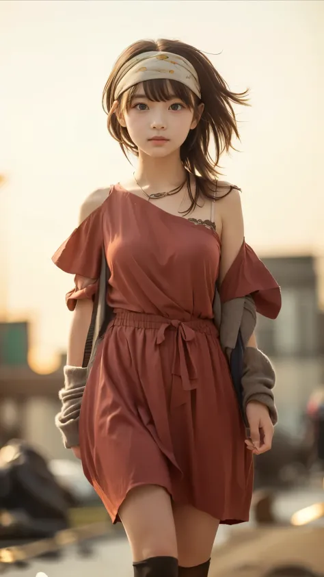 Petite beautiful girl、slender body line、tight waist、beautiful breasts、(detailed hands:1.3, perfect right hand:1.hort hair、nice brown hair、bandana、high knee socks、