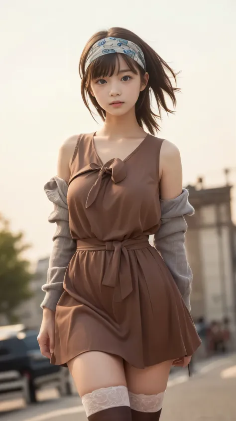 Petite beautiful girl、slender body line、tight waist、beautiful breasts、(detailed hands:1.3, perfect right hand:1.hort hair、nice brown hair、bandana、high knee socks、