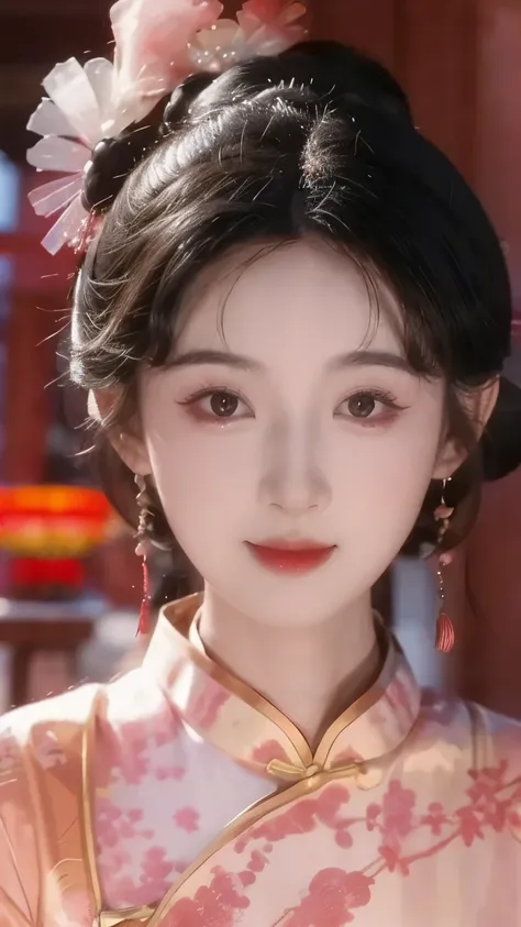 1 beautiful girl,best quality,(painting:1.5),Chest,torii,,depth of field, detailed face ,facial focus,ribbon_trim,(watching the audience:1.25),Smile,Thick lips,Real People,cheongsam