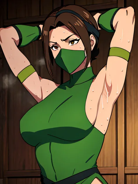 

Jade, human woman with wheatish complexion,sleeveless.She has brown eyes and blackish blue clothing. Her hair is blackish brown in color; She is beautiful.Tsundere face.,mature appearance,armpits,sweat,sweaty,sweaty armpits,arms up,showing armpits,awesom...