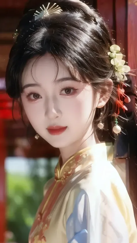 1 beautiful girl,best quality,(painting:1.5),Chest,torii,,depth of field, detailed face ,facial focus,ribbon_trim,(watching the audience:1.25),Smile,Thick lips,Real People,cheongsam