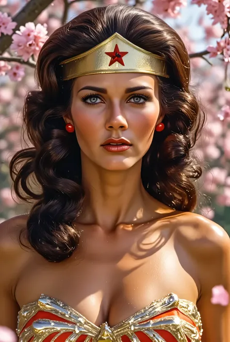 Lynda Carter-style Wonder Woman in a peaceful cherry blossom grove, no weapon, medium close-up, surrounded by drifting pink petals, red and gold armor shining softly, tiara framed by delicate flowers, peaceful expression and graceful pose, semi-realistic d...