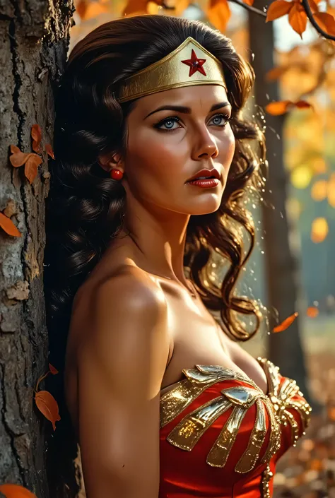 Wonder Woman (Lynda Carter-inspired), medium close-up, resting against a tree in an autumn forest, red and gold costume glowing amid falling amber and crimson leaves, sunlight filtering through the branches, warm and radiant skin, golden tiara sparkling, s...