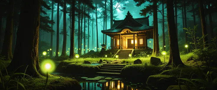 a mesmarizing magical forest, floating neon glowing lights, overgrown stone ruin shrine in the center, neon purple details, foggy background, purple fireflies