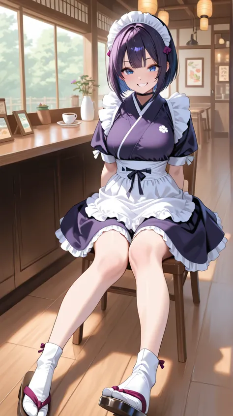 1girl, japanese maid, purple color short hair, tabi socks, blue eyes, japanese cafe, sitting, lovely, grin, pov