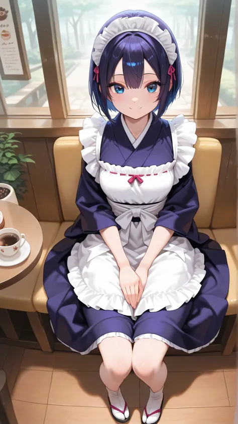 1girl, japanese maid, purple color short hair, tabi socks, blue eyes, japanese cafe, sitting, lovely, small smile, pov, close