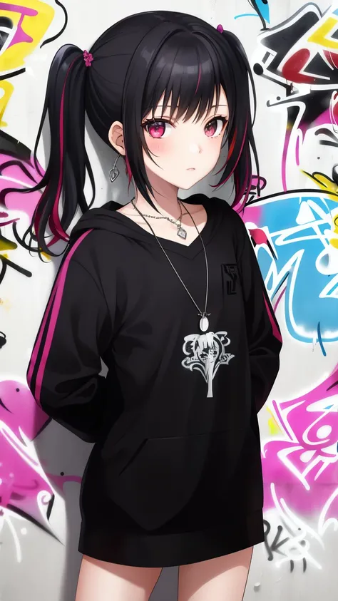 gothic theme. Masterpiece , best quality, 1girl, One, necklace, ( graffiti:1.5), paint splashes , hands behind your back, against the wall, looks at the viewer, multicolored hair, pigtails