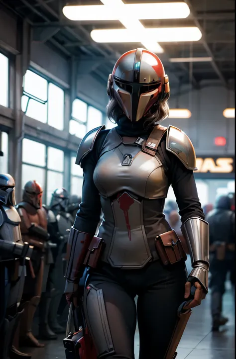 star wars world ,female mandalorian, can see the face, slender beauty ,holding helmet in right hand, ,Mandalorian armor ,Slimming, slender, gentle eyes, flows from my crotch