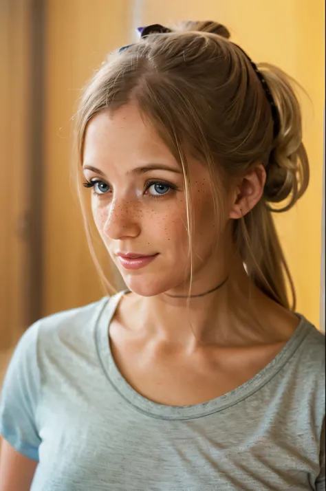 1girl, idol, close-up, collarbone, ,, photo, film, depth of field, skin texture, t-shirt, rubber band, topknot, long hair, messy hair, freckles, dia.zerva