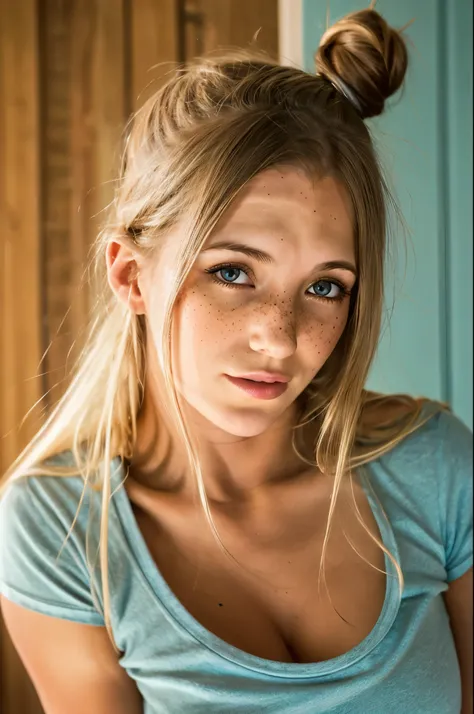 1girl, idol, close-up, collarbone, ,, photo, film, depth of field, skin texture, t-shirt, rubber band, topknot, long hair, messy hair, freckles, dia.zerva