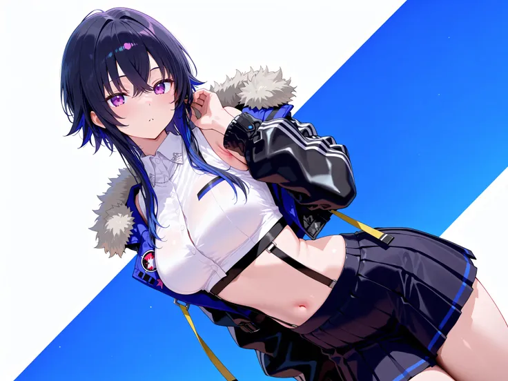 masterpiece,best quality, amazing quality, highres, absurdres, very aesthetic, high resolution, ultra detailed, perfect details,bburuha, long hair, multicolored hair, black hair, sidelocks, purple eyes, medium breasts, crop top, collared shirt, white shirt...