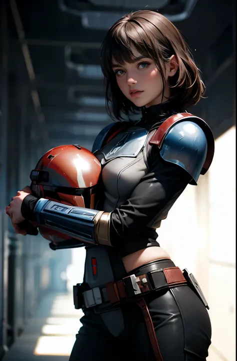 star wars world ,female mandalorian, can see the face, slender beauty ,holding helmet in right hand, ,Mandalorian armor ,Slimming, slender, gentle eyes, flows from my crotch