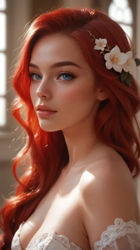 Beautiful red-haired girl with blue eyes, shoulder-length hair with black reflections, she has an angelic look and tender, photograph of her beautiful face and her whole body 