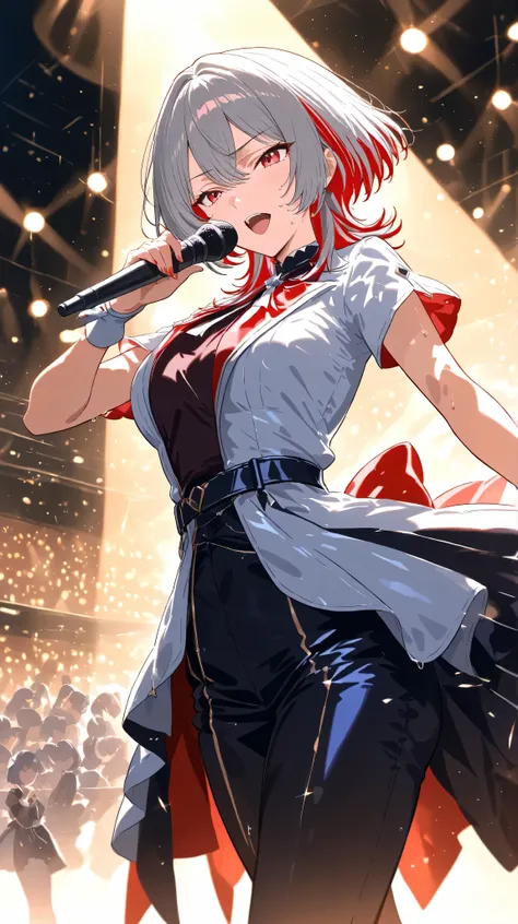 anime, masterpiece, best quality, 4K, solo, full-body, mature female idol on stage, gray hair with red highlights, red inner color, wolf cut hairstyle with sharp layers, side locks framing her face, sharp and calm eyes, composed expression, elegant and coo...